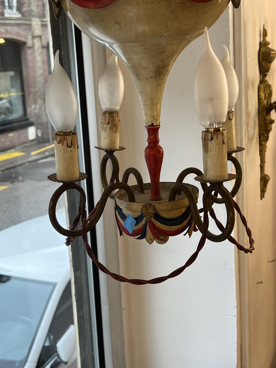 Petite lustre montgolfière en tôle peinte commémorative de la Révolution française années 50-photo-3