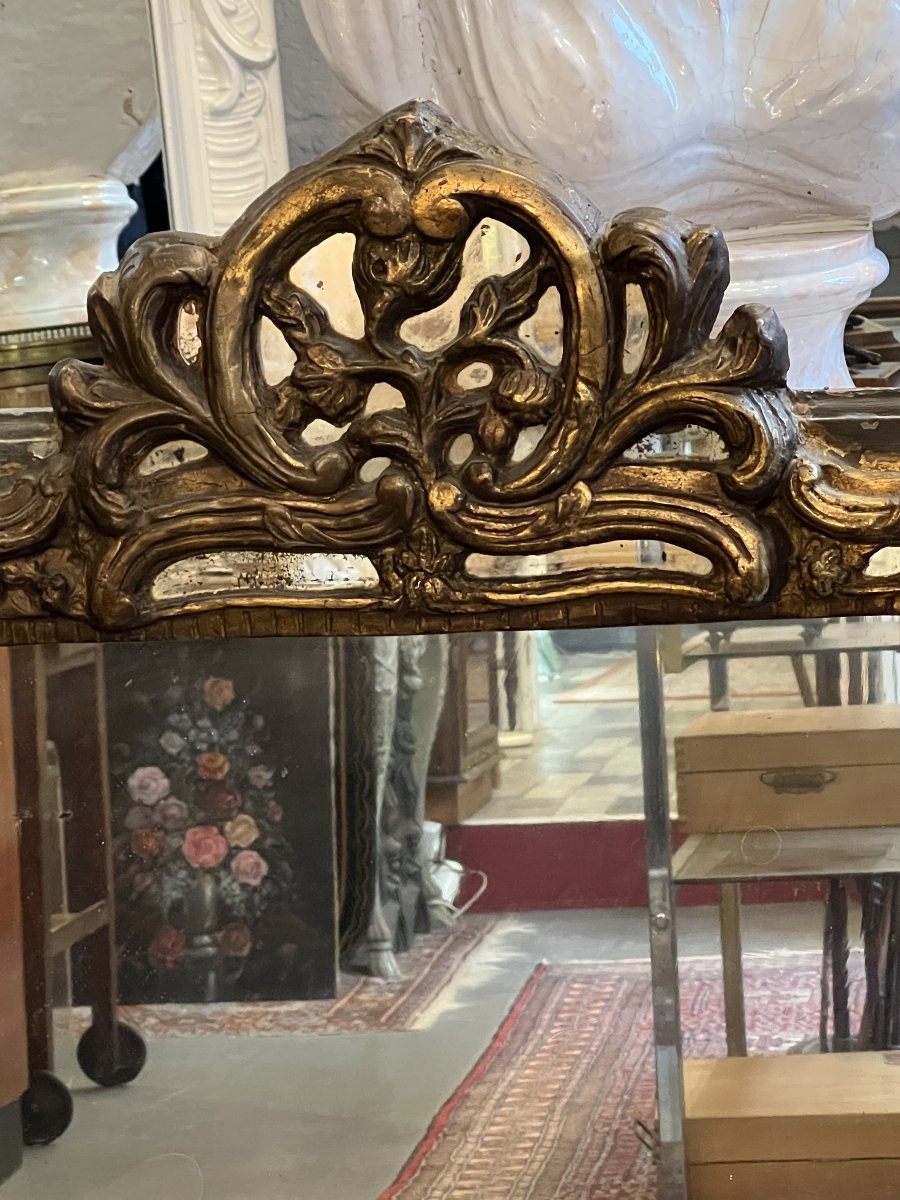 Mirror With Carved And Patinated Gilded Wood, 17th Century, 103 X 70 Cm-photo-2
