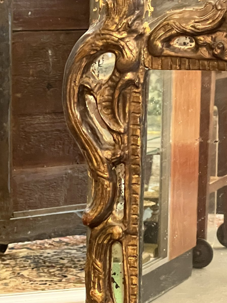 Mirror With Carved And Patinated Gilded Wood, 17th Century, 103 X 70 Cm-photo-4