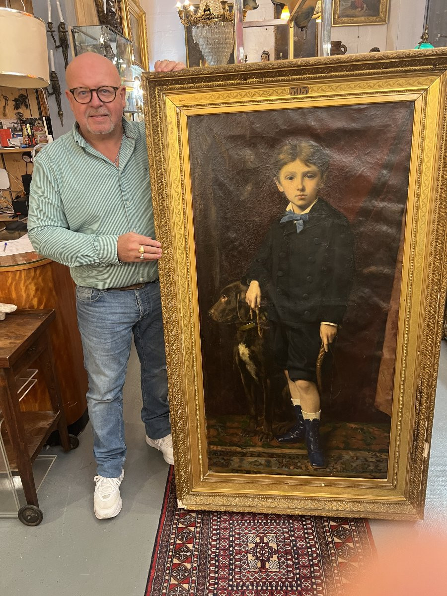 Grand tableau de château, huile sur toile, portrait d’enfant sous la IIIᵉ République, JB Brunet-photo-2