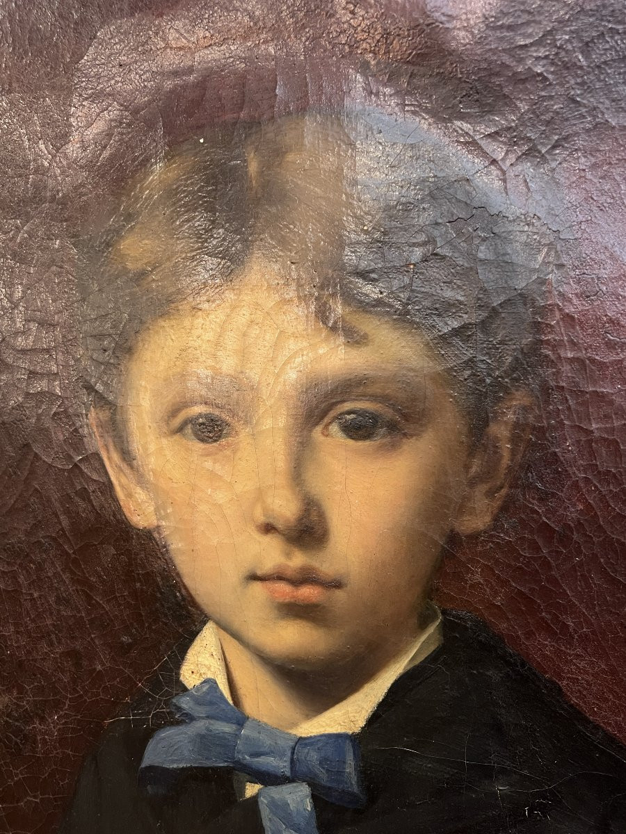 Grand tableau de château, huile sur toile, portrait d’enfant sous la IIIᵉ République, JB Brunet-photo-3