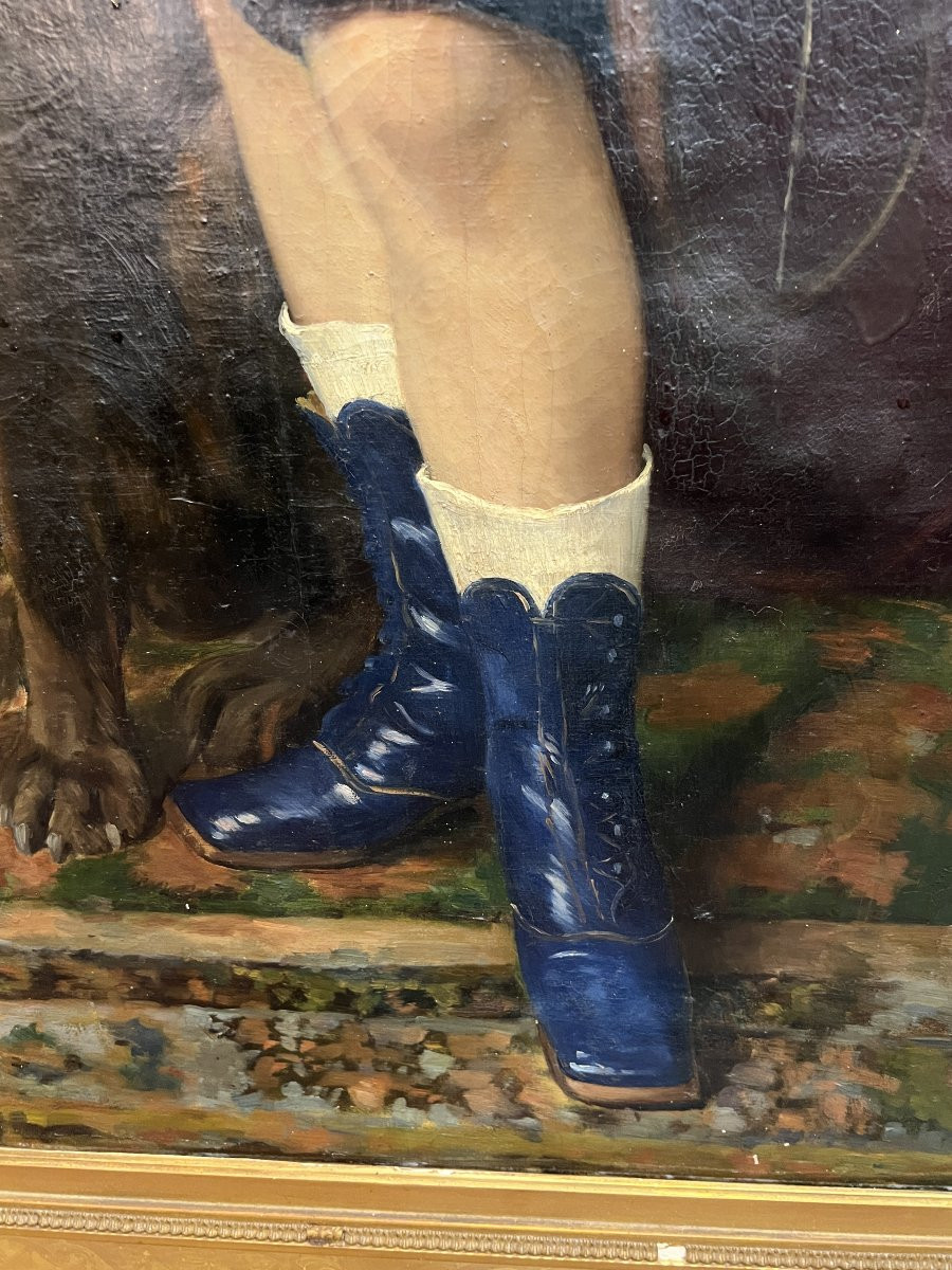 Grand tableau de château, huile sur toile, portrait d’enfant sous la IIIᵉ République, JB Brunet-photo-2