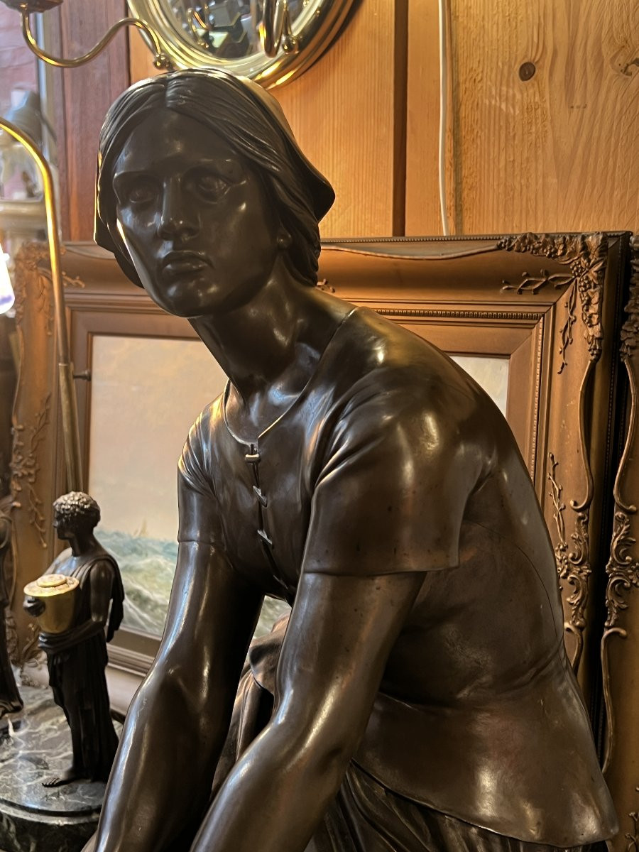 Sculpture en bronze représentant Jeanne d'arc assise, par Chapu, Barbedienne et Collas, 57 cm-photo-1