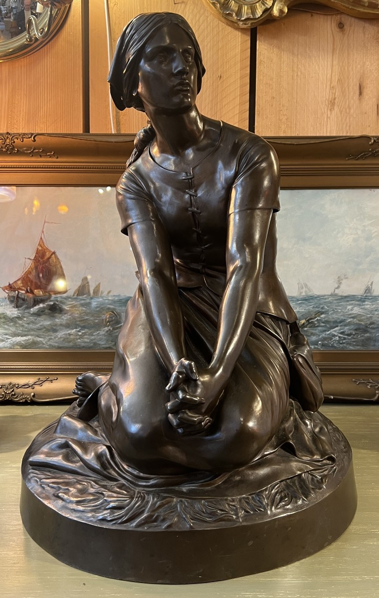 Sculpture en bronze représentant Jeanne d'arc assise, par Chapu, Barbedienne et Collas, 57 cm