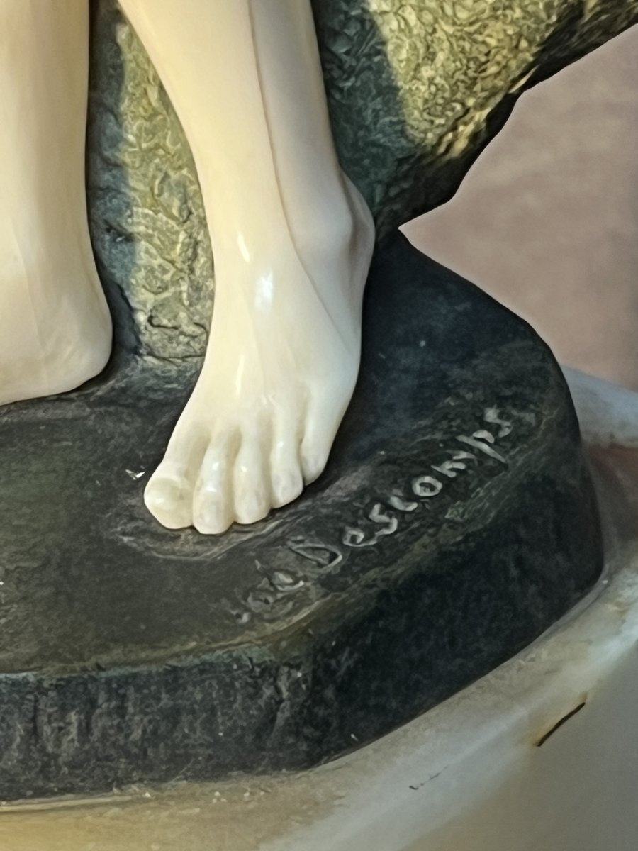 Joé Descomps (1869-1950 ) Sculpture chriséléphantine, jeune femme nue au manteau, 1925 art déco-photo-5