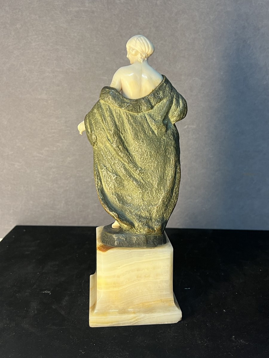 Joé Descomps (1869-1950 ) Sculpture chriséléphantine, jeune femme nue au manteau, 1925 art déco-photo-7