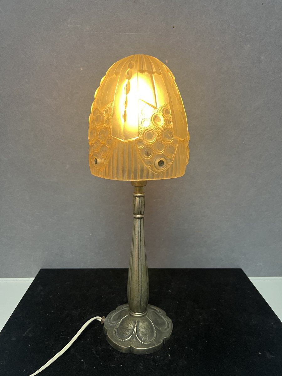 Georges Leleu: Art Deco Lamp In Nickel-plated Bronze & Pressed Glass Dome 1930-photo-2