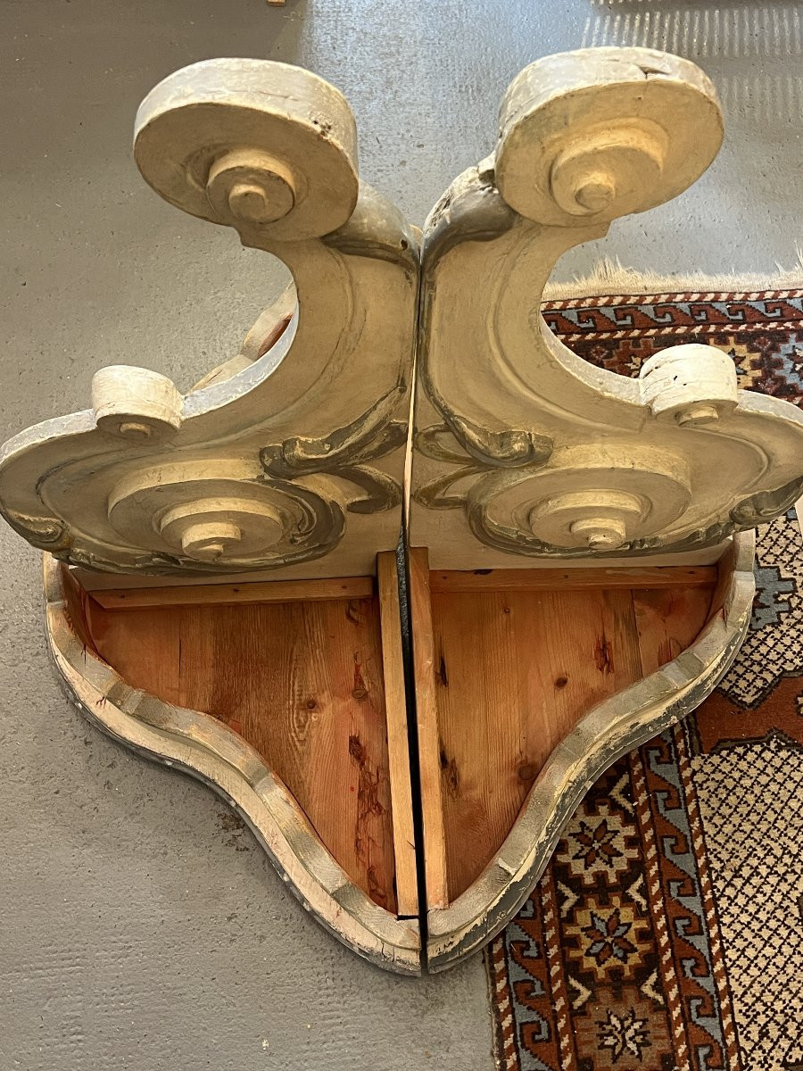 Pair Of Antique Carved Wooden Wall Brackets, Decorated With Scrolls, 20th Century-photo-5