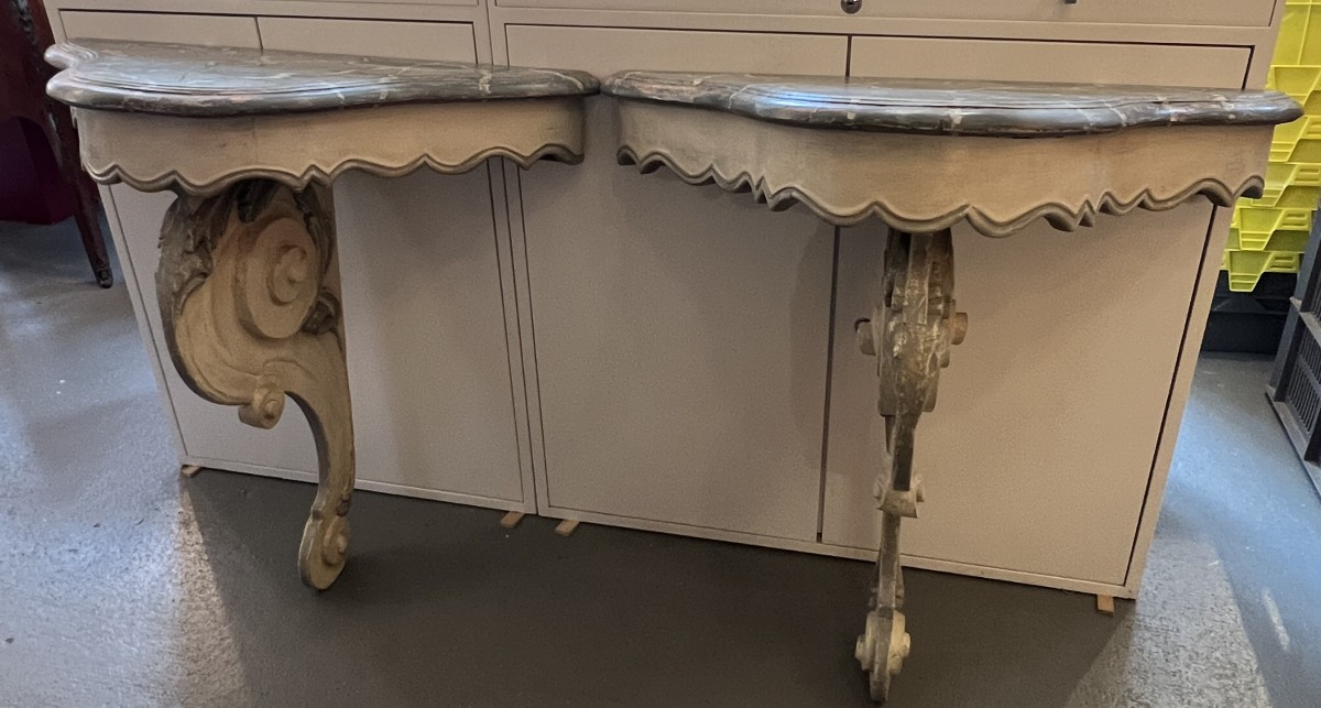 Pair Of Antique Carved Wooden Wall Brackets, Decorated With Scrolls, 20th Century