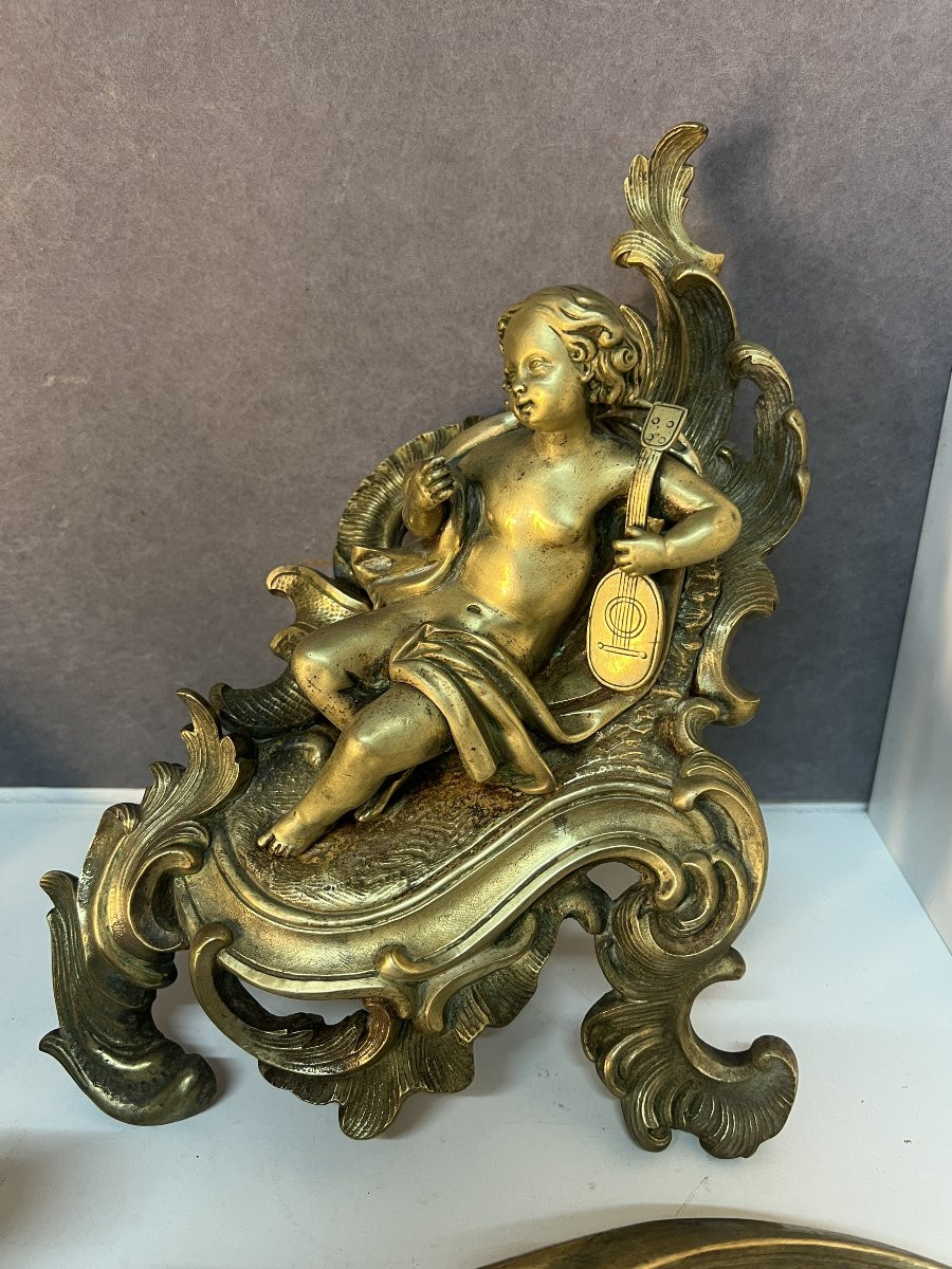 Pair Of Solid Bronze Fireplace Andirons, 19th Century, Louis XV Style, Decorated With Putti -photo-2