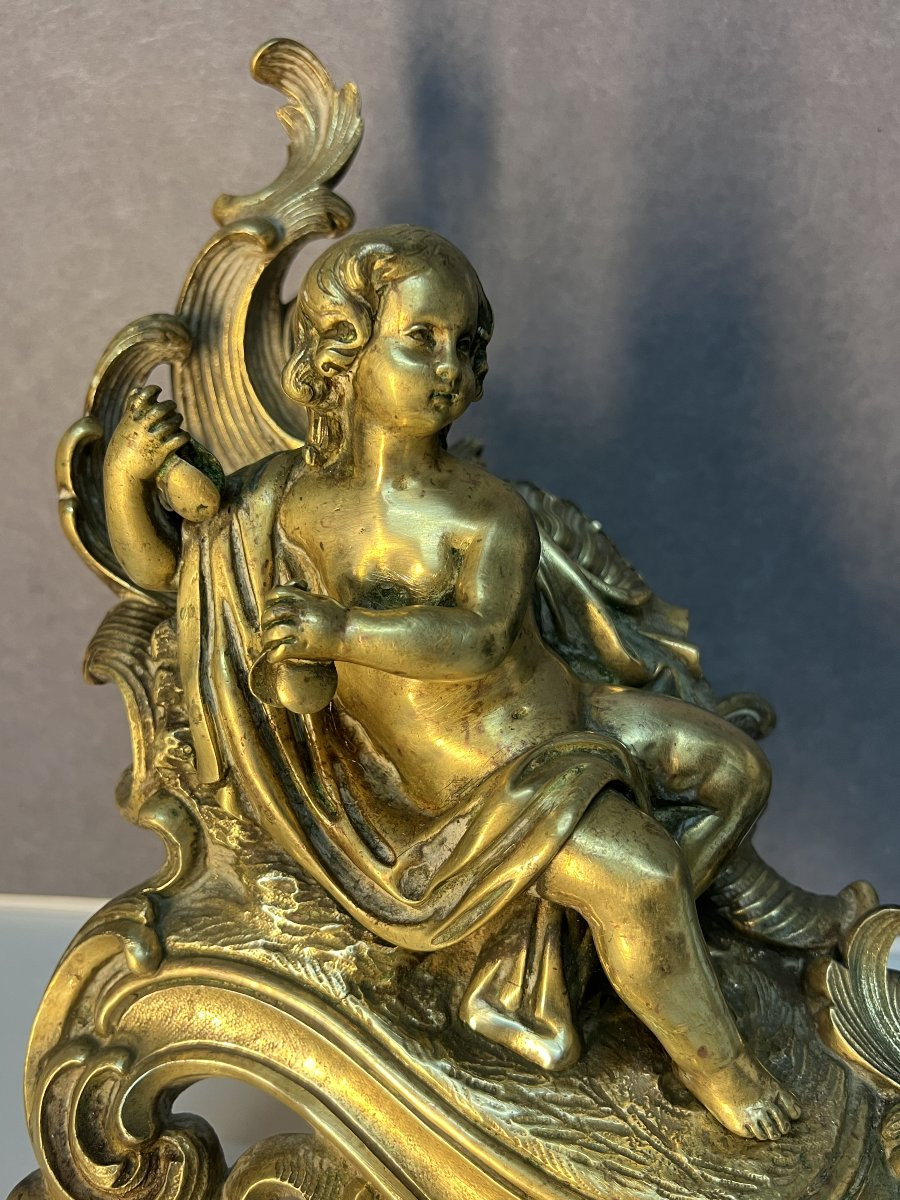 Pair Of Solid Bronze Fireplace Andirons, 19th Century, Louis XV Style, Decorated With Putti -photo-1