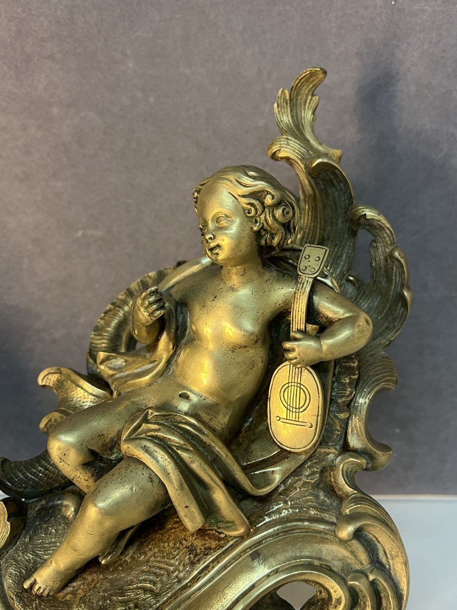 Pair Of Solid Bronze Fireplace Andirons, 19th Century, Louis XV Style, Decorated With Putti -photo-3