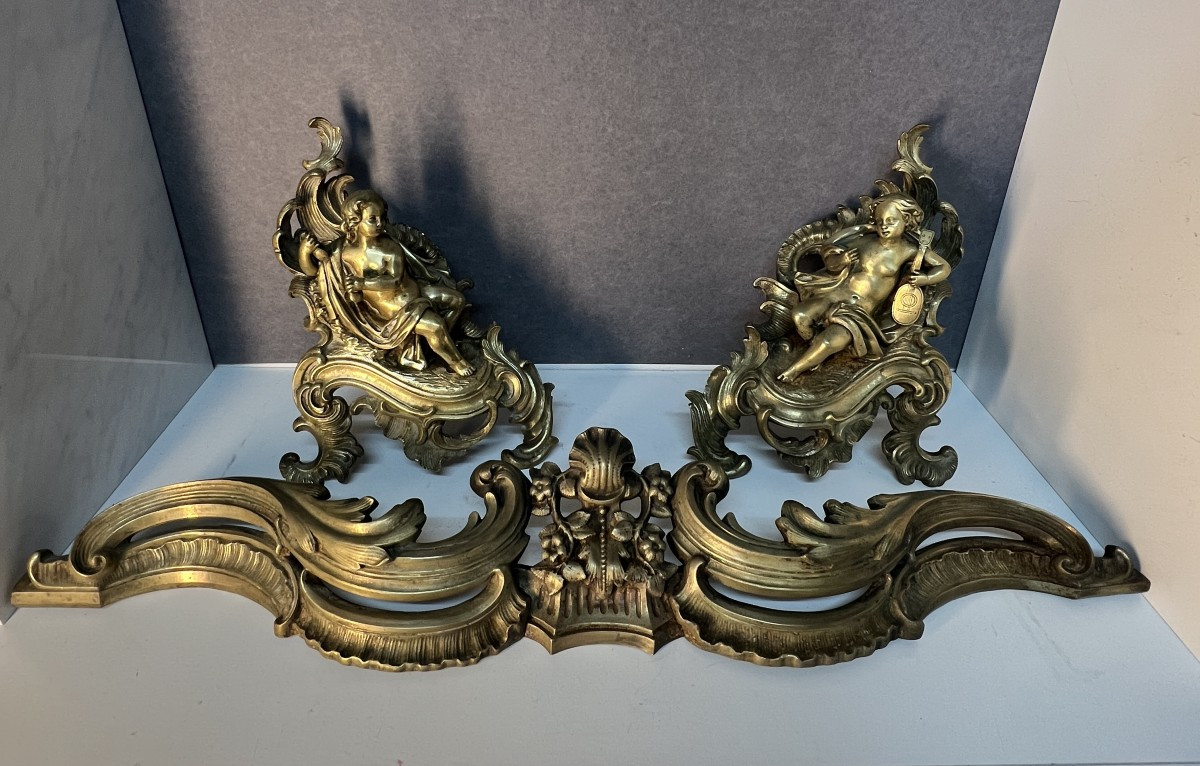 Pair Of Solid Bronze Fireplace Andirons, 19th Century, Louis XV Style, Decorated With Putti 