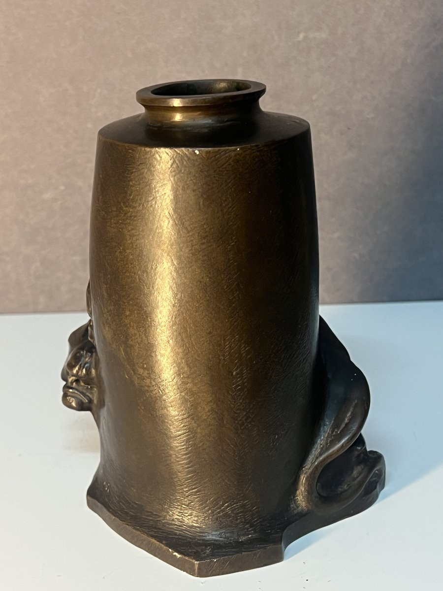 Art Deco Vase In Solid Bronze By Alfredo Biagini (1886-1952), Decorated With Lionesses-photo-2