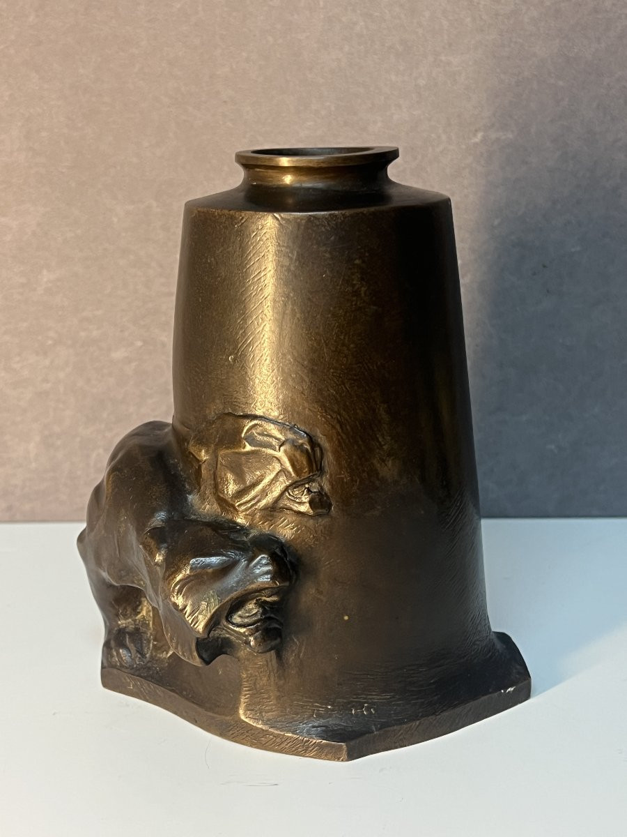 Art Deco Vase In Solid Bronze By Alfredo Biagini (1886-1952), Decorated With Lionesses-photo-8