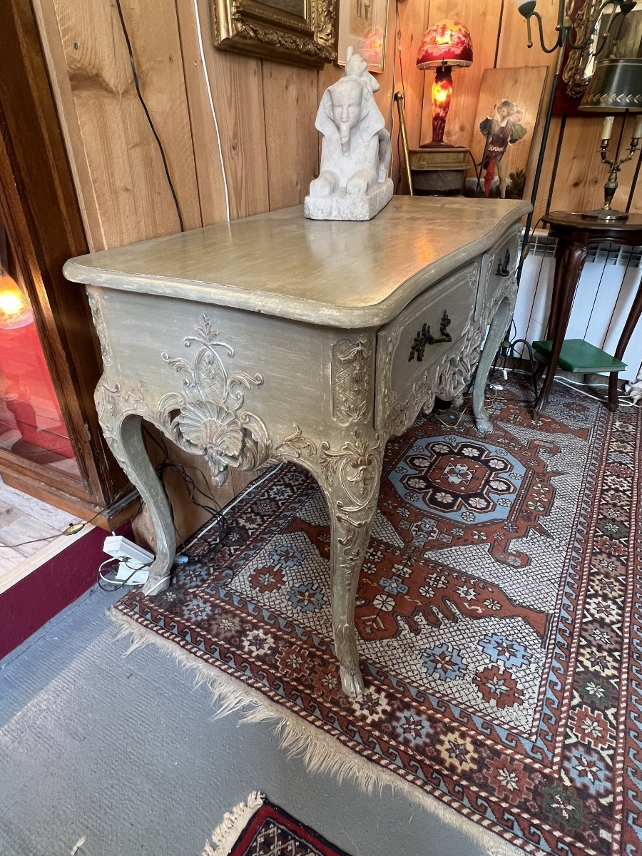 Console régence, table de chasse en bois rechampi sculpté, ouvrant par deux tiroirs en ceinture-photo-2