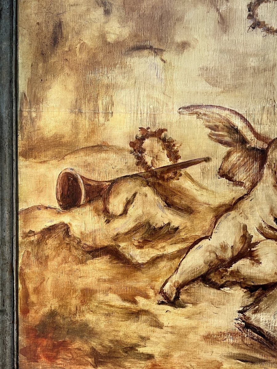 Tableau de Boiserie – Dessus de Porte en Huile sur Toile à Décor de Putti, XVIIIe siècle-photo-2