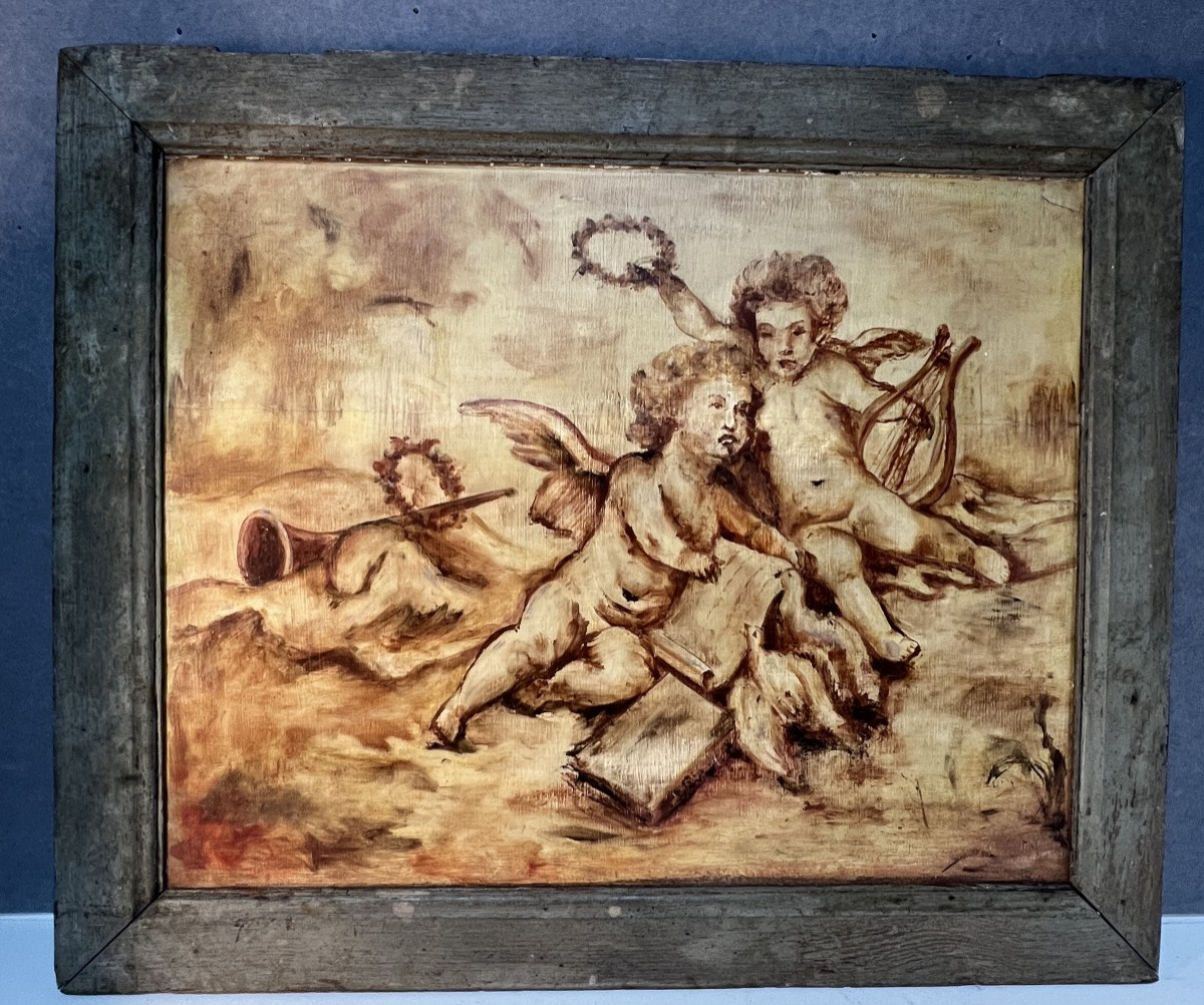 Tableau de Boiserie – Dessus de Porte en Huile sur Toile à Décor de Putti, XVIIIe siècle
