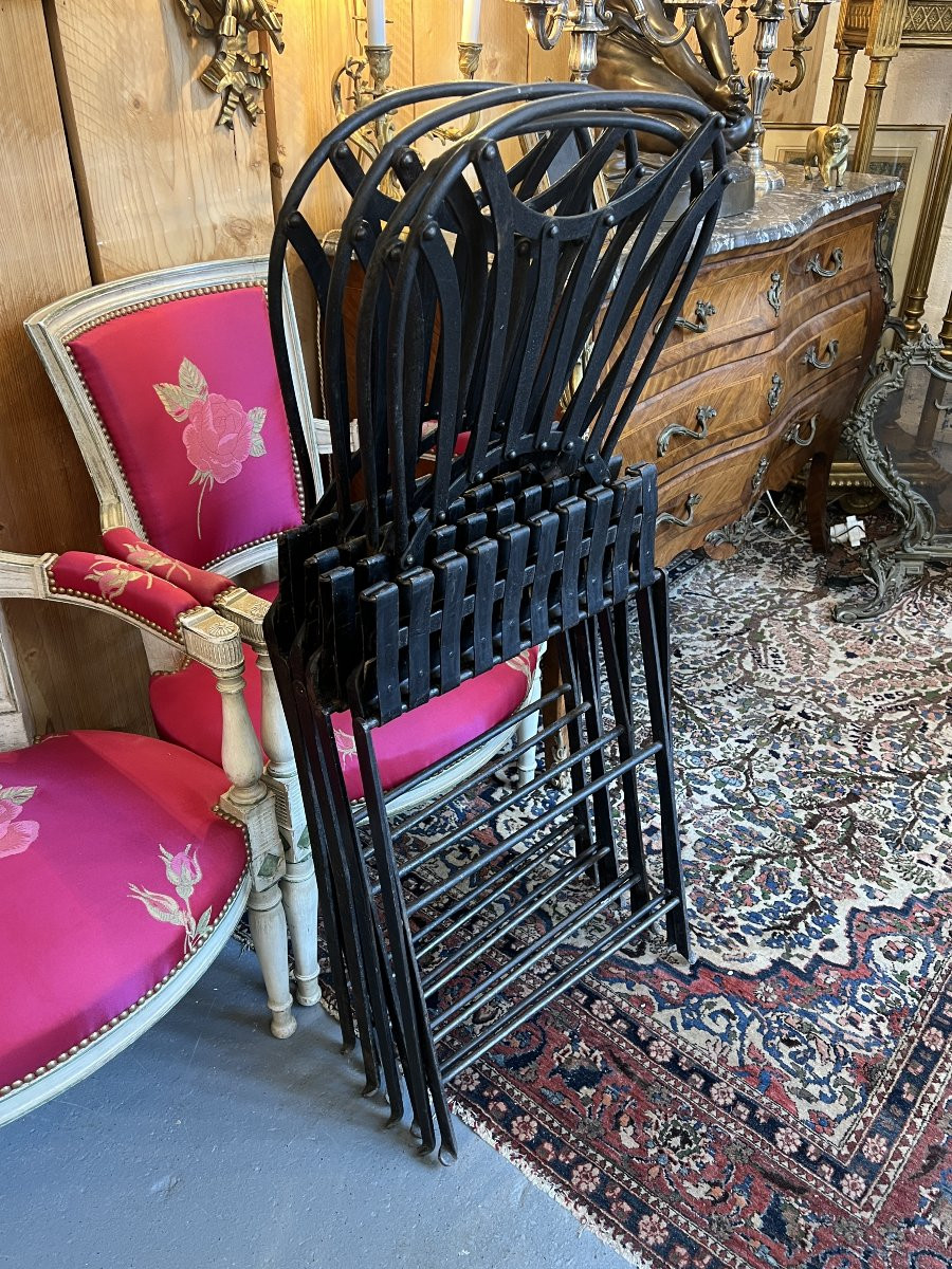 Série de 4 chaises pliantes jardin en fer forgé et riveté, époque XIXe siècle, modèle Napoléon-photo-7