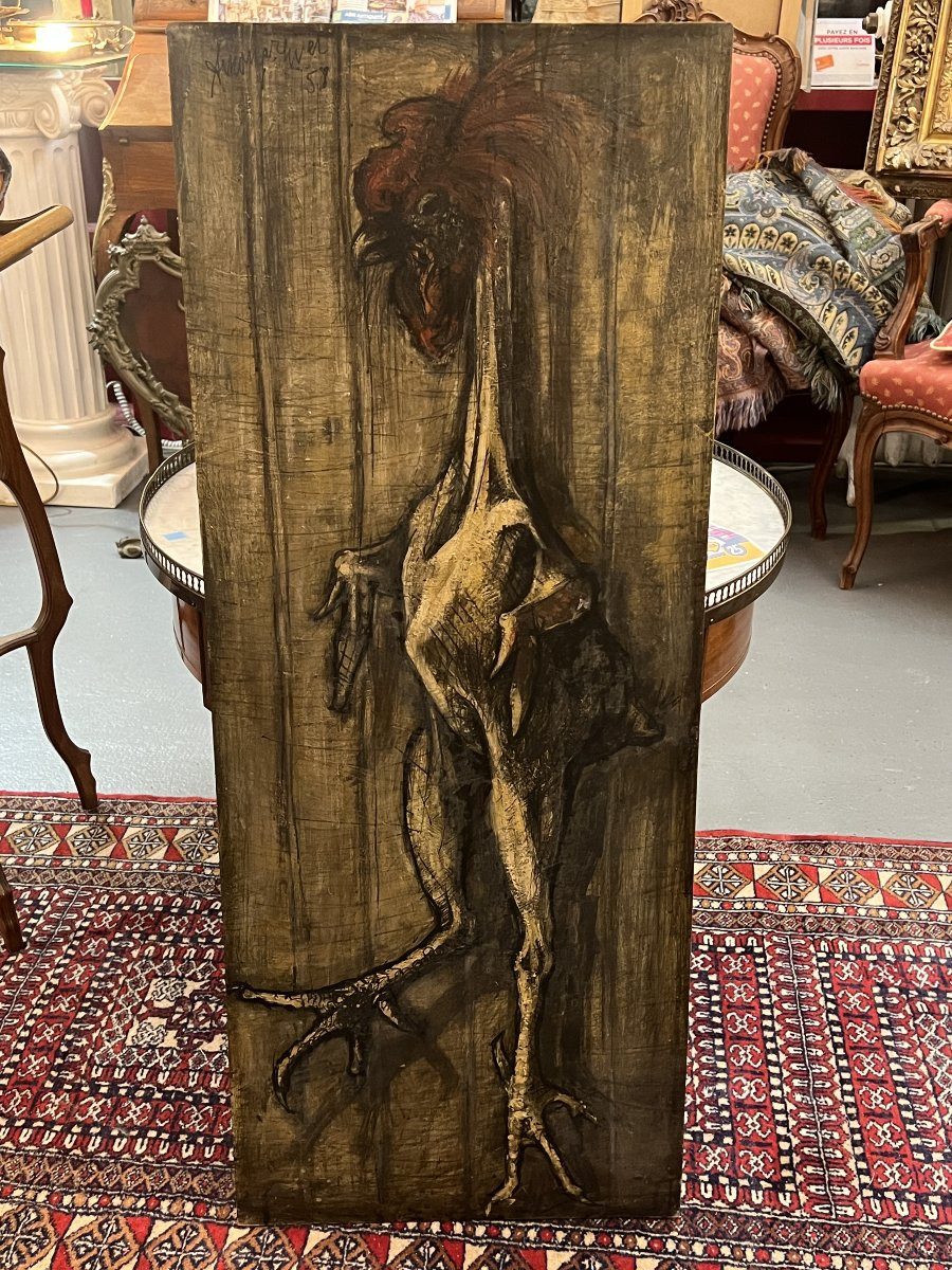 Work From 1958 By Alain Mongrenier (1940) Depicting A Standing Rooster, Oil On Panel-photo-2