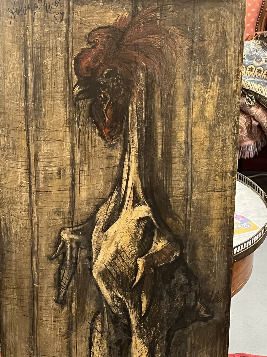 Work From 1958 By Alain Mongrenier (1940) Depicting A Standing Rooster, Oil On Panel-photo-3