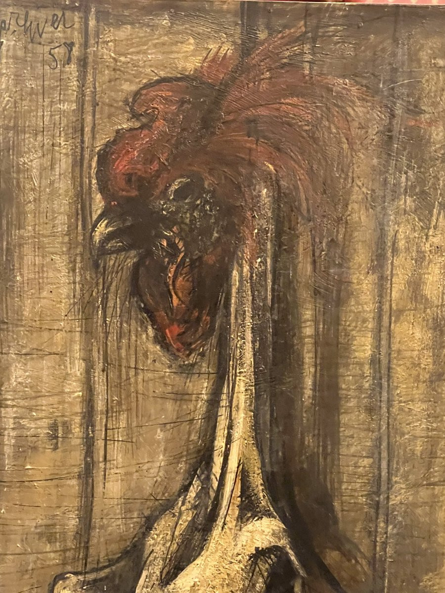 Work From 1958 By Alain Mongrenier (1940) Depicting A Standing Rooster, Oil On Panel-photo-4