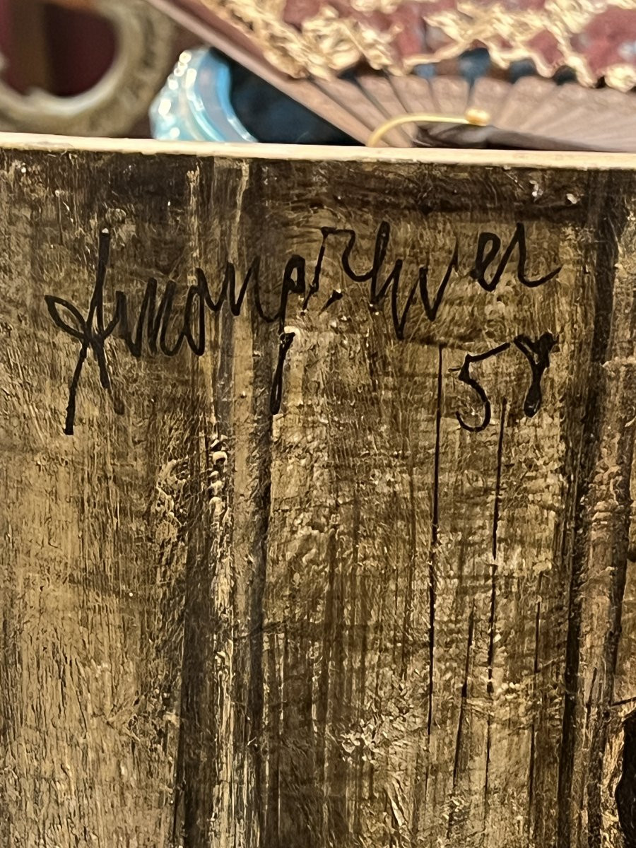 Work From 1958 By Alain Mongrenier (1940) Depicting A Standing Rooster, Oil On Panel-photo-1