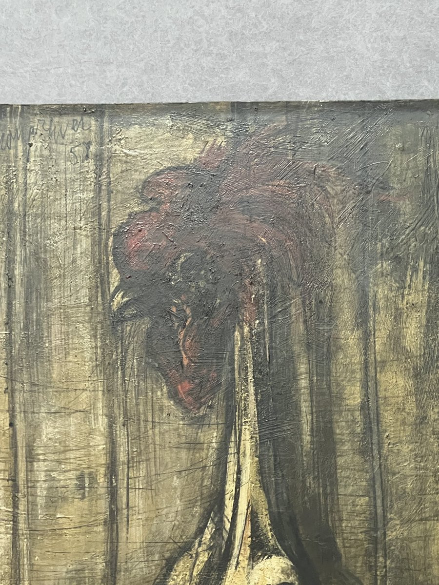 Work From 1958 By Alain Mongrenier (1940) Depicting A Standing Rooster, Oil On Panel-photo-2