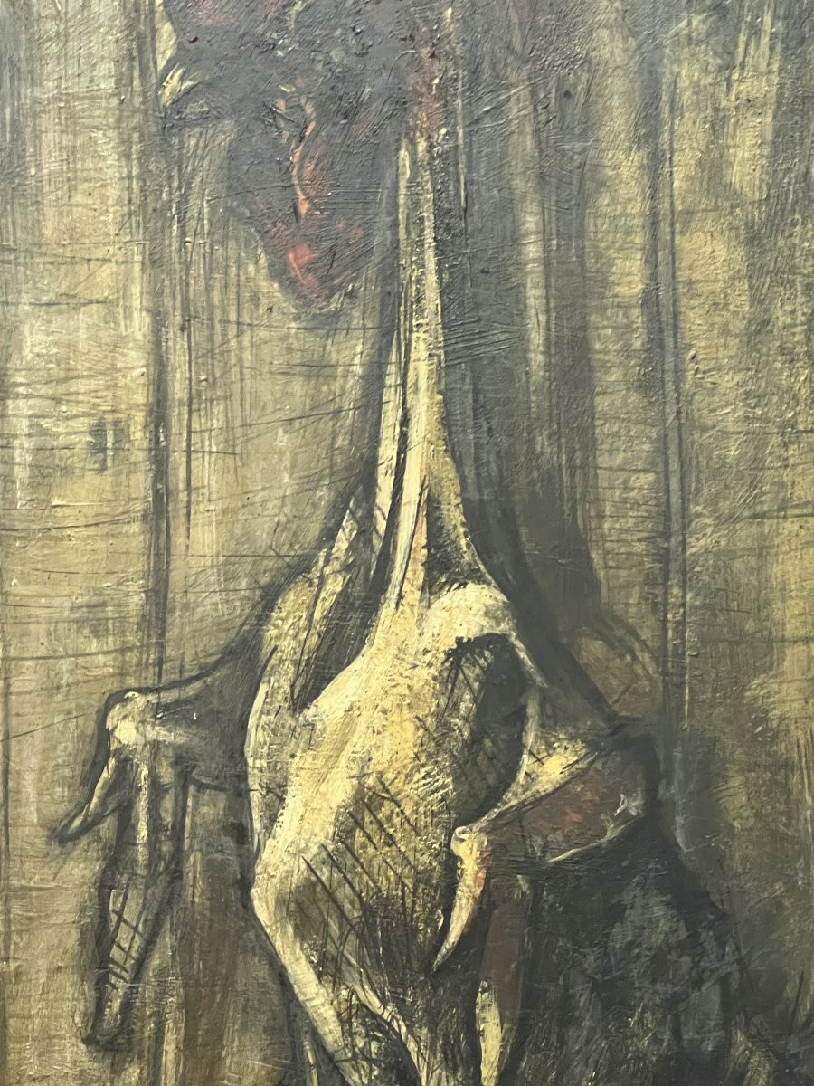 Work From 1958 By Alain Mongrenier (1940) Depicting A Standing Rooster, Oil On Panel-photo-3