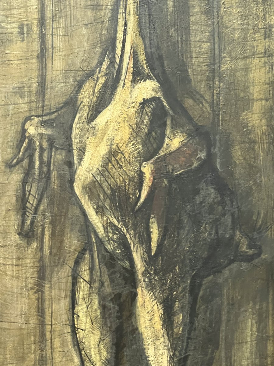 Work From 1958 By Alain Mongrenier (1940) Depicting A Standing Rooster, Oil On Panel-photo-4