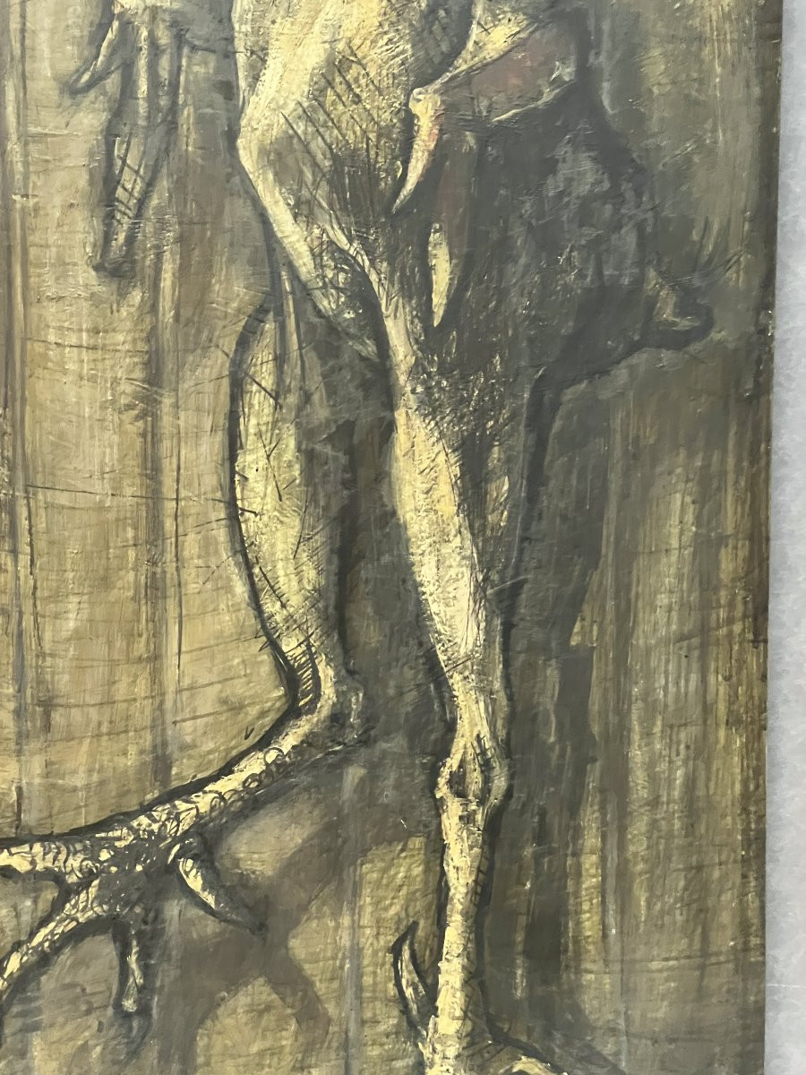 Work From 1958 By Alain Mongrenier (1940) Depicting A Standing Rooster, Oil On Panel-photo-5