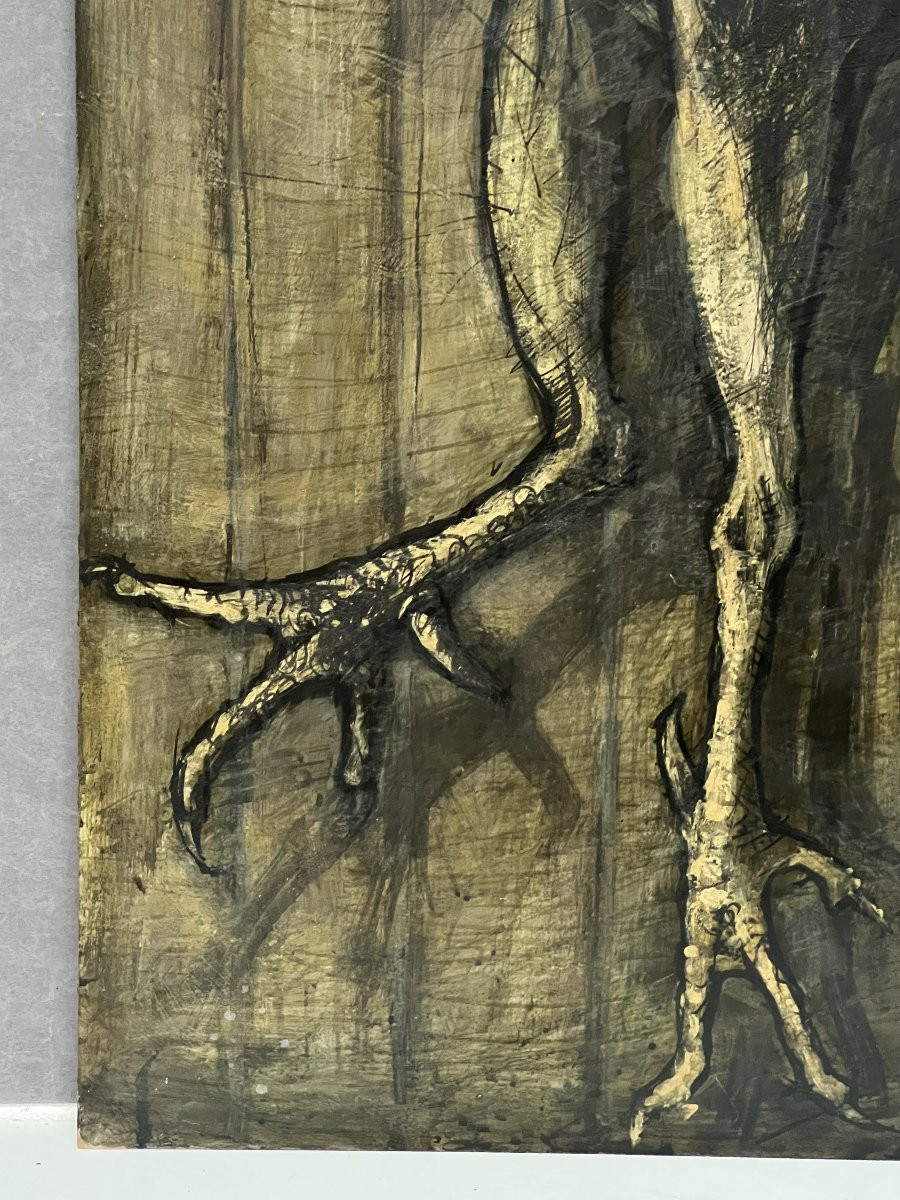 Work From 1958 By Alain Mongrenier (1940) Depicting A Standing Rooster, Oil On Panel-photo-7