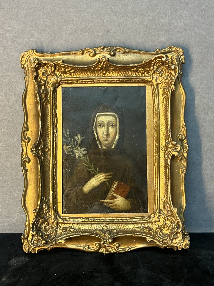 Tableau ancien du XVIIe siècle, peinture huile sur cuivre d'une Sainte ou religieuse -photo-1