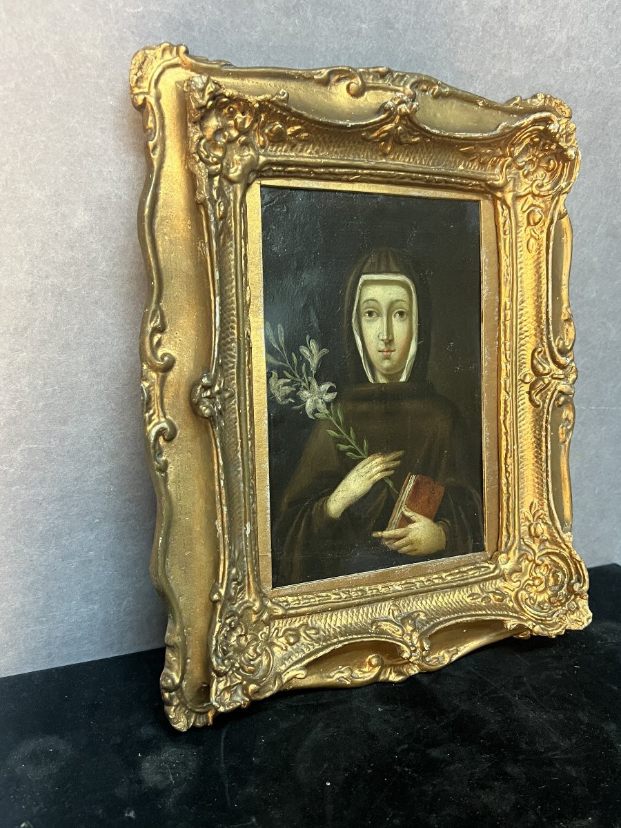 Tableau ancien du XVIIe siècle, peinture huile sur cuivre d'une Sainte ou religieuse -photo-7