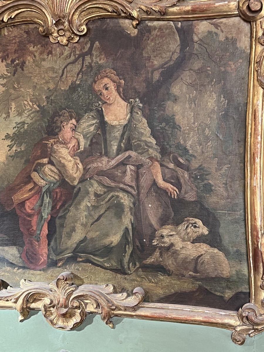 Trumeau ancien Louis XV en bois peint et doré du XVIIIe siècle, huile sur toile scène galante-photo-3