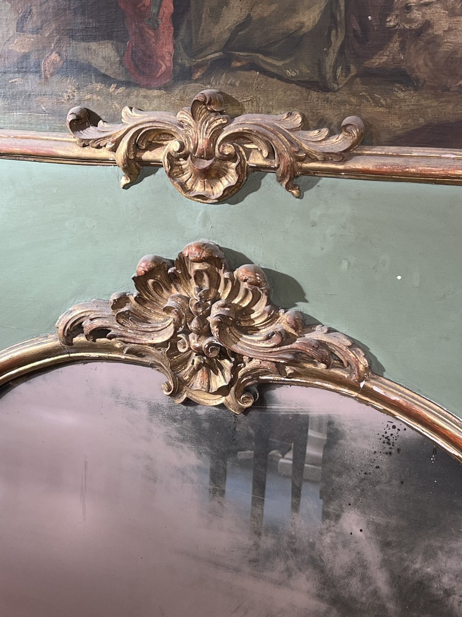 Trumeau ancien Louis XV en bois peint et doré du XVIIIe siècle, huile sur toile scène galante-photo-4