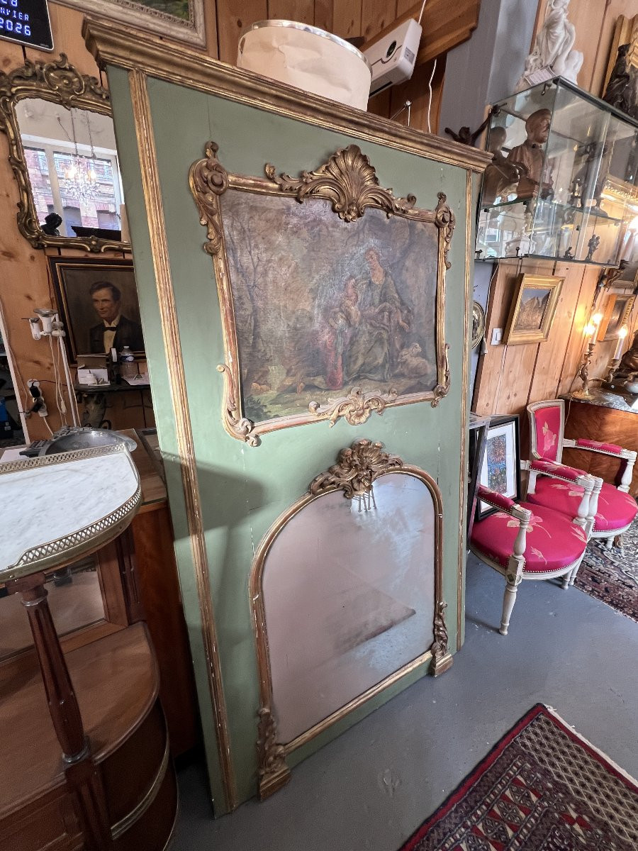 Trumeau ancien Louis XV en bois peint et doré du XVIIIe siècle, huile sur toile scène galante-photo-3