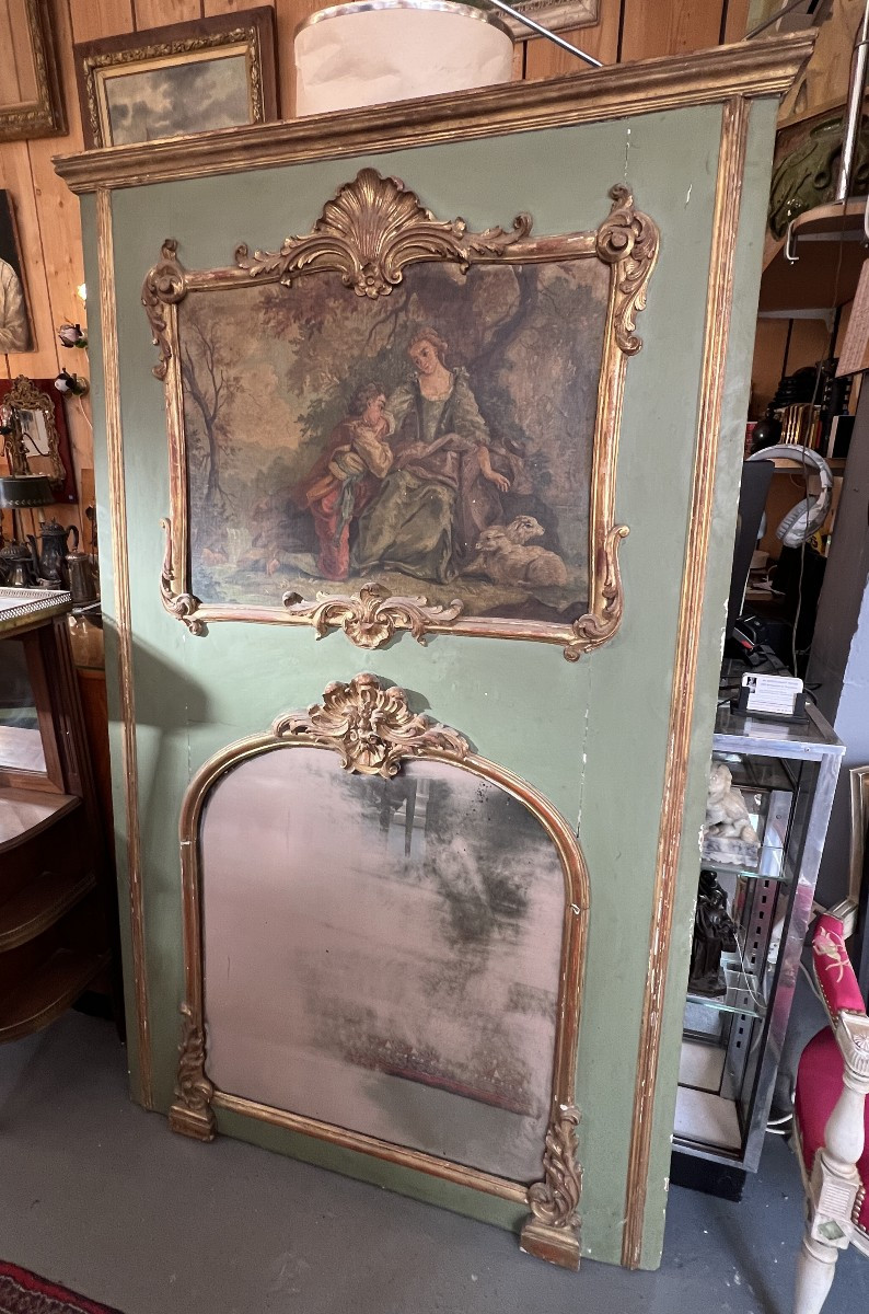 Trumeau ancien Louis XV en bois peint et doré du XVIIIe siècle, huile sur toile scène galante