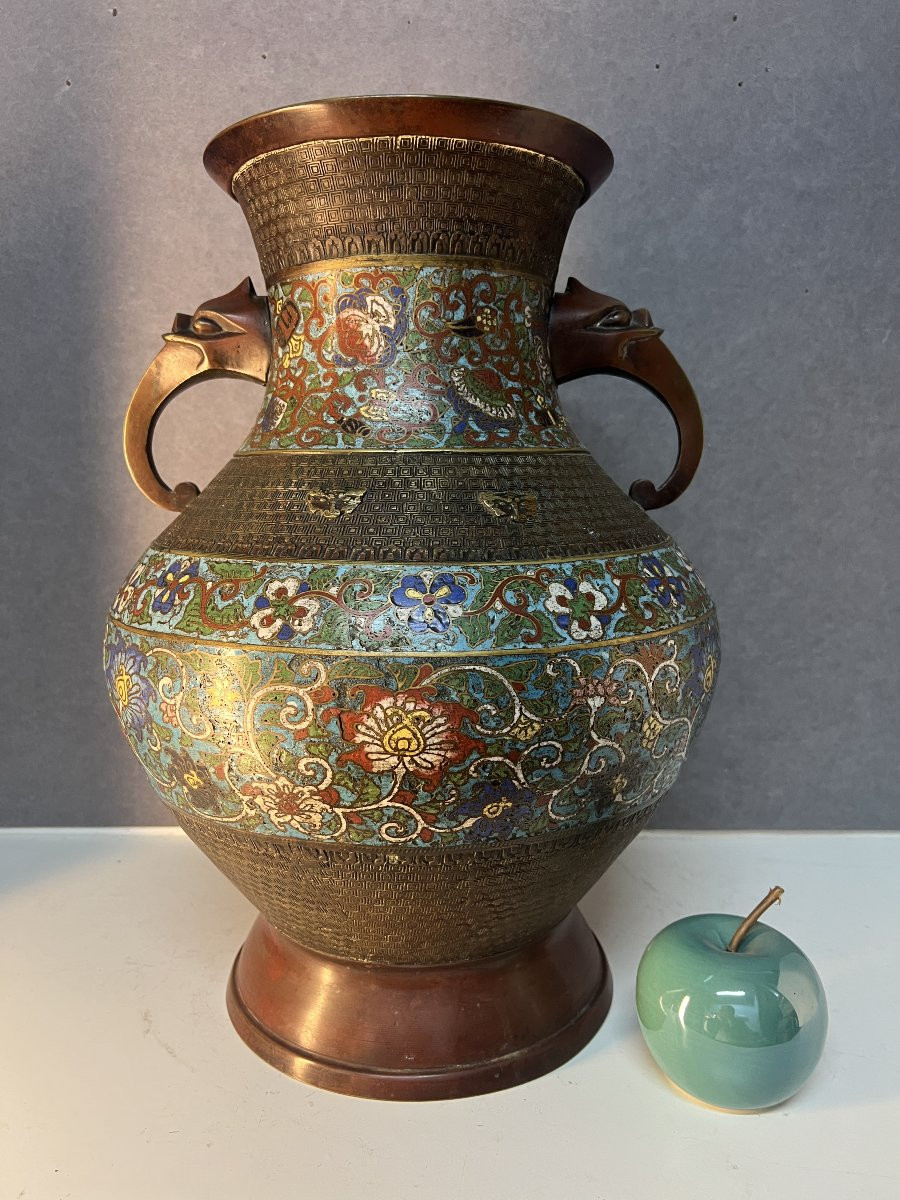 Grand vase XIXe en émaux cloisonné, Époque Meiji, hauteur 45.5 cm, anses zoomorphes-photo-2
