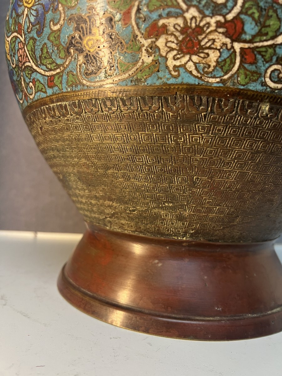 Grand vase XIXe en émaux cloisonné, Époque Meiji, hauteur 45.5 cm, anses zoomorphes-photo-3