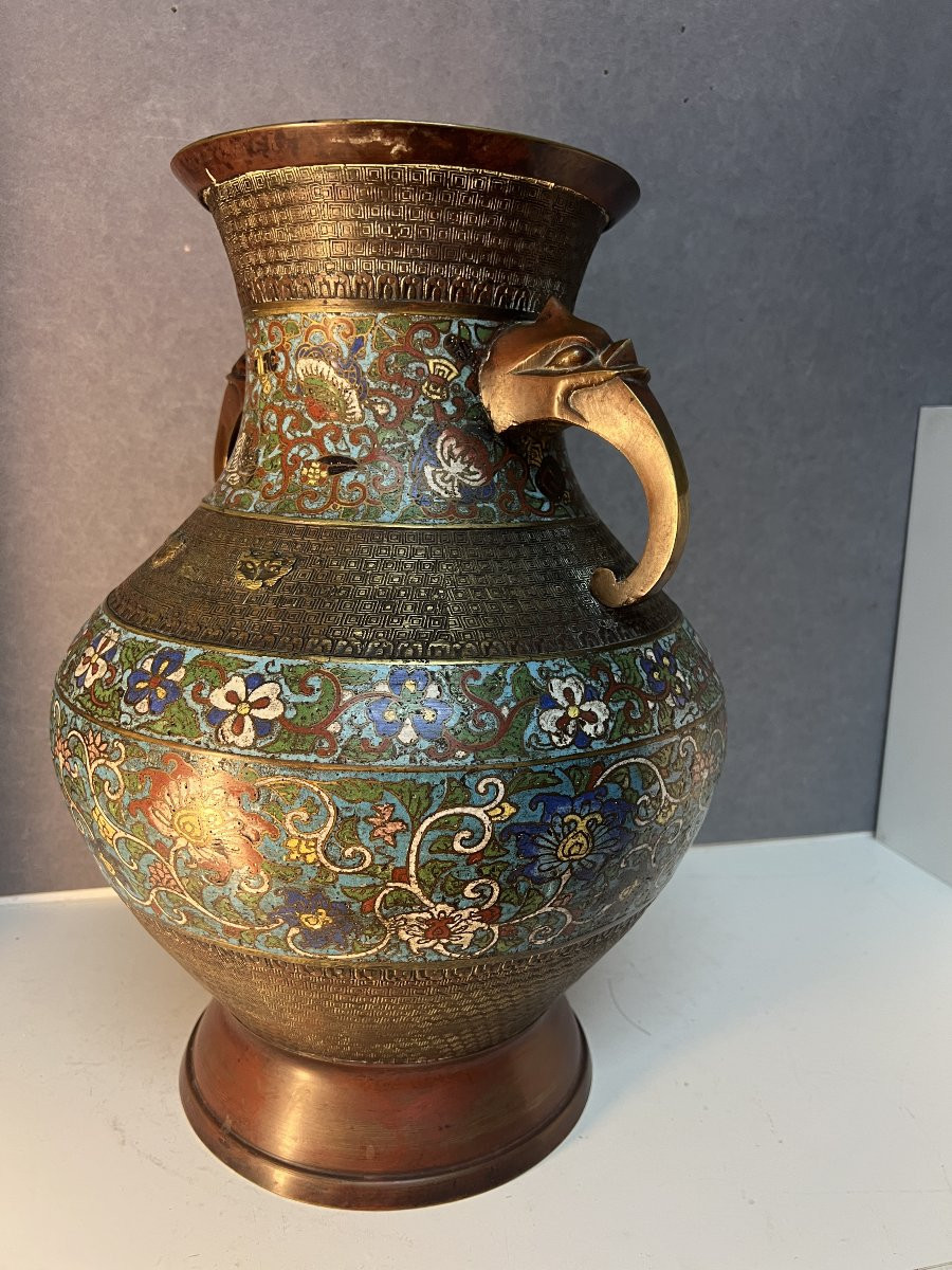 Grand vase XIXe en émaux cloisonné, Époque Meiji, hauteur 45.5 cm, anses zoomorphes-photo-5