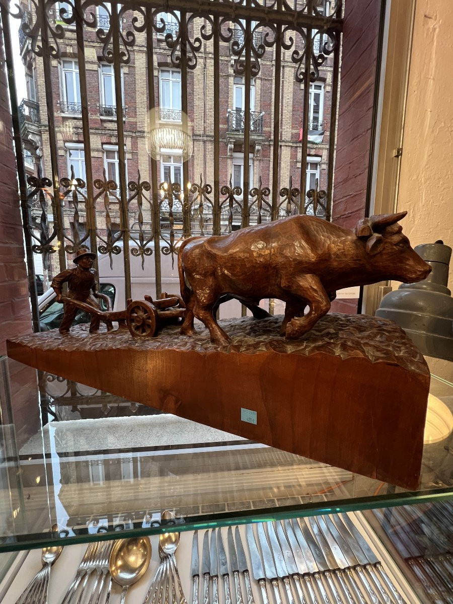 Sculpture en bois sculpté signée R. Géroudet, attelage de bœufs et paysan-photo-6