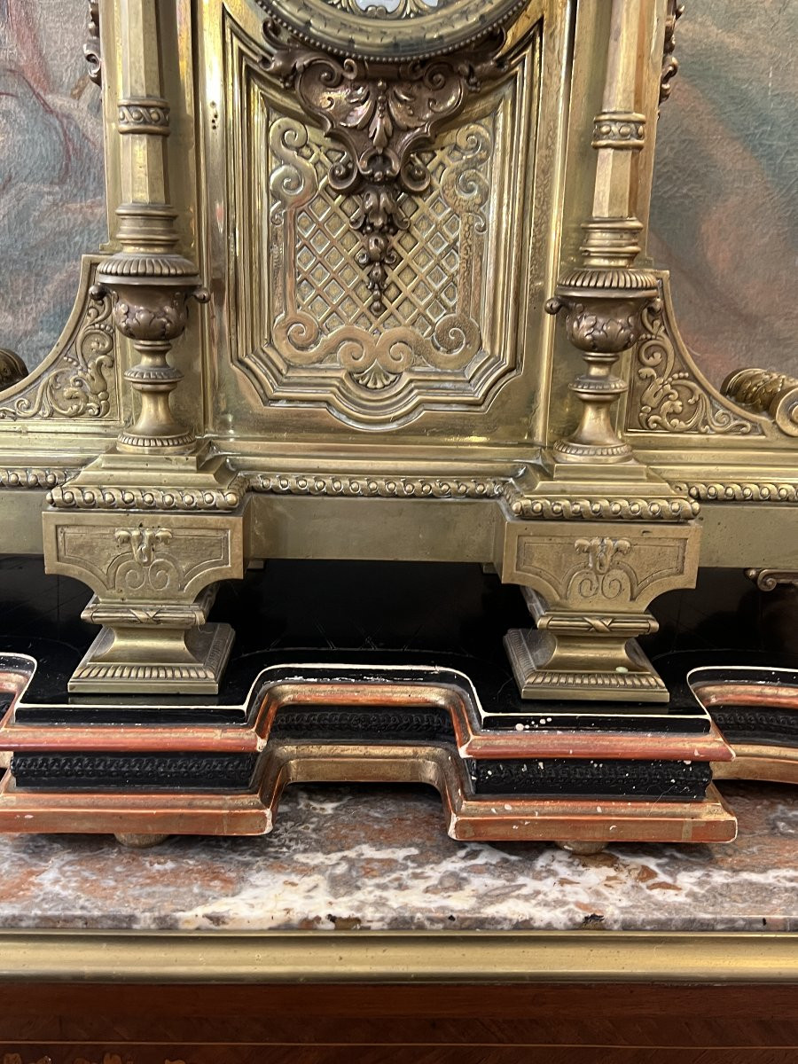 Henri Houdebine, Renowned Bronze Sculptor In Paris, Large Neo-renaissance Clock In Gilt Bronze, 64 Cm-photo-3