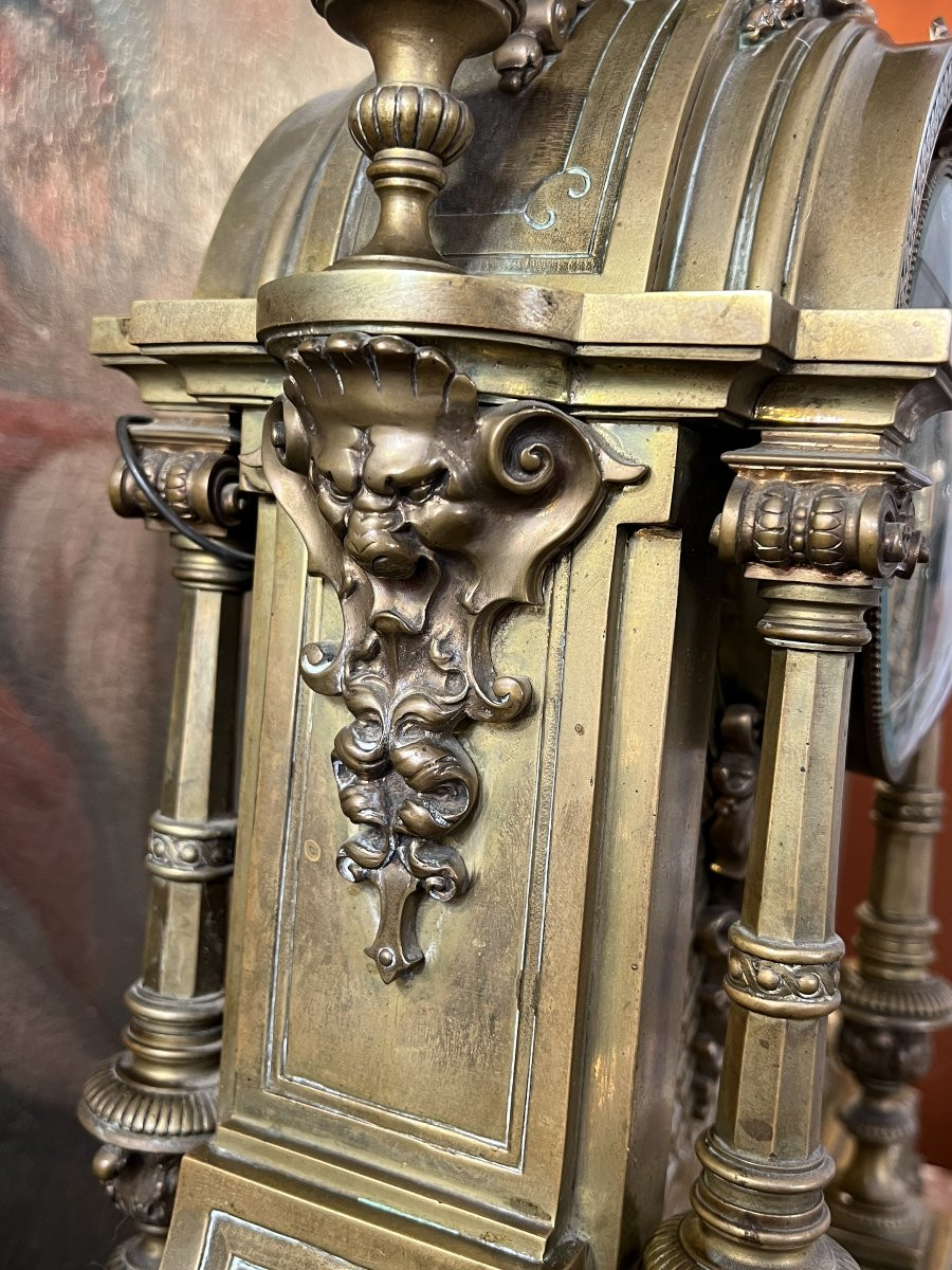 Henri Houdebine, Renowned Bronze Sculptor In Paris, Large Neo-renaissance Clock In Gilt Bronze, 64 Cm-photo-5