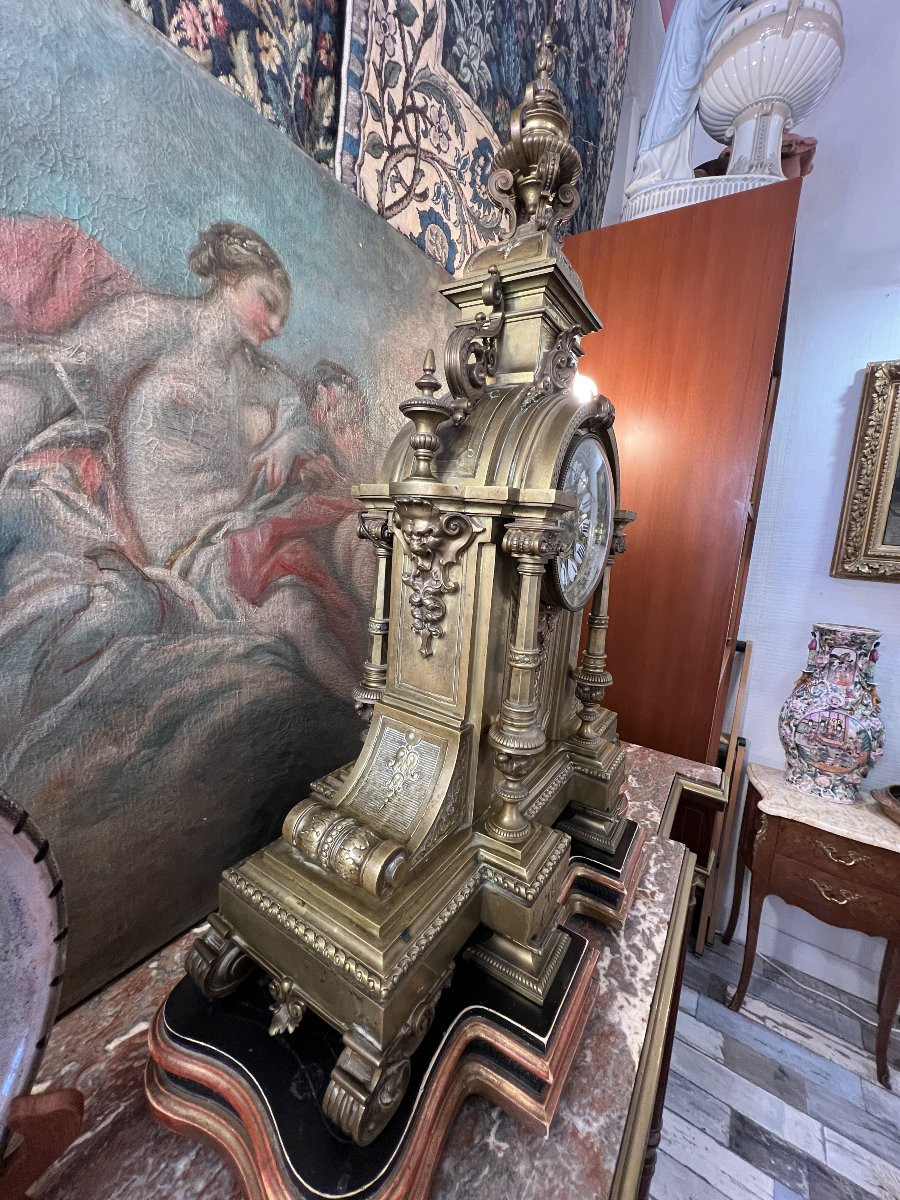 Henri Houdebine, Renowned Bronze Sculptor In Paris, Large Neo-renaissance Clock In Gilt Bronze, 64 Cm-photo-6