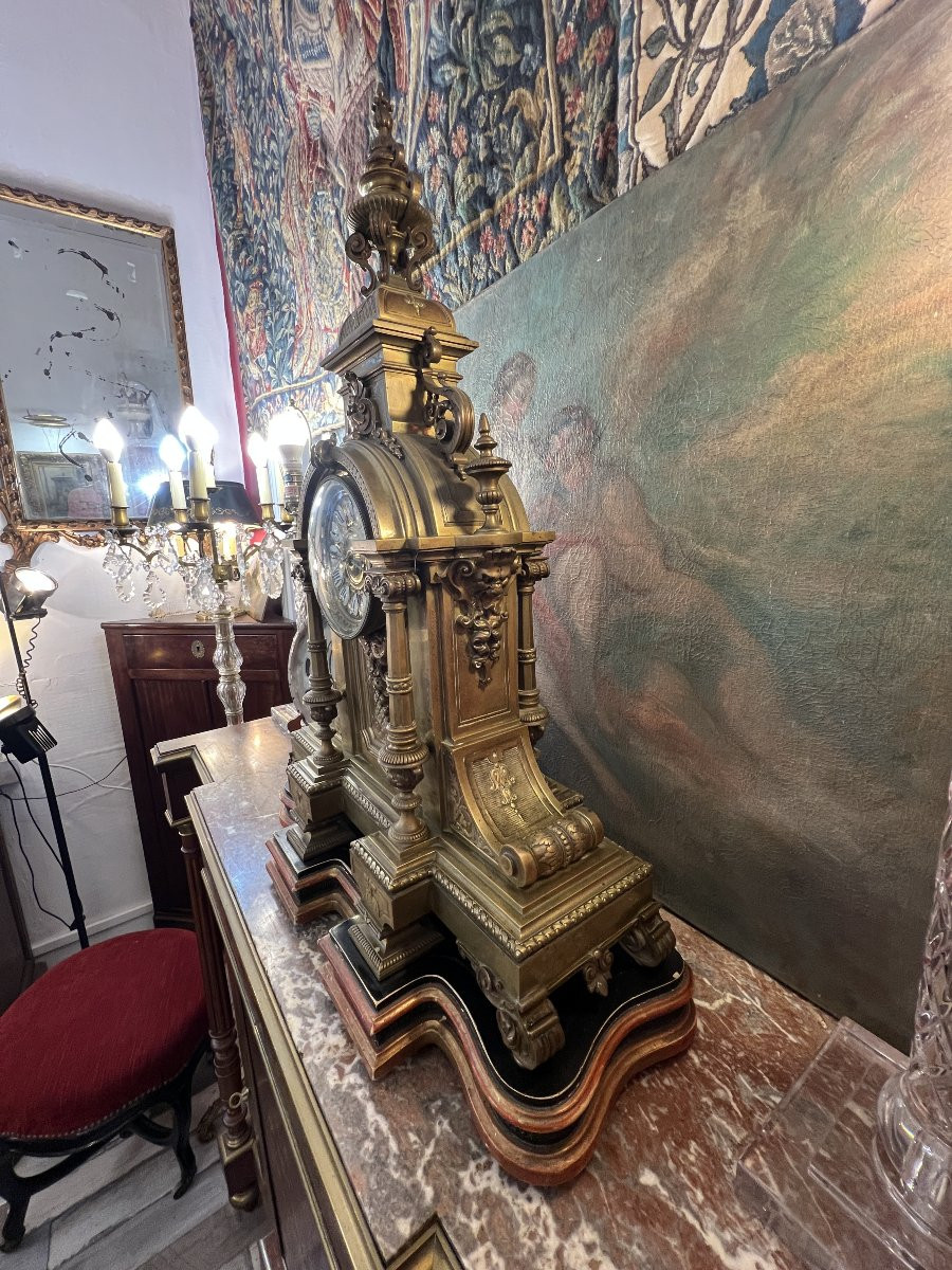 Henri Houdebine, Renowned Bronze Sculptor In Paris, Large Neo-renaissance Clock In Gilt Bronze, 64 Cm-photo-7