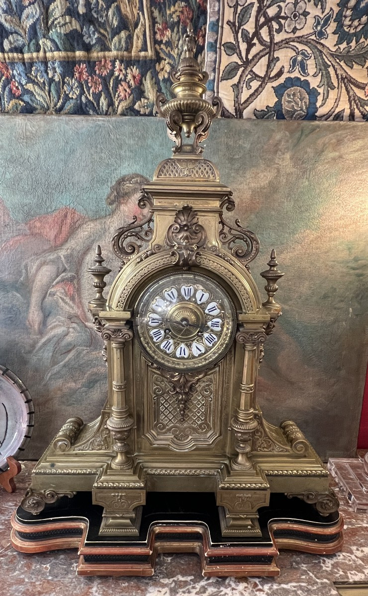 Henri Houdebine, Renowned Bronze Sculptor In Paris, Large Neo-renaissance Clock In Gilt Bronze, 64 Cm