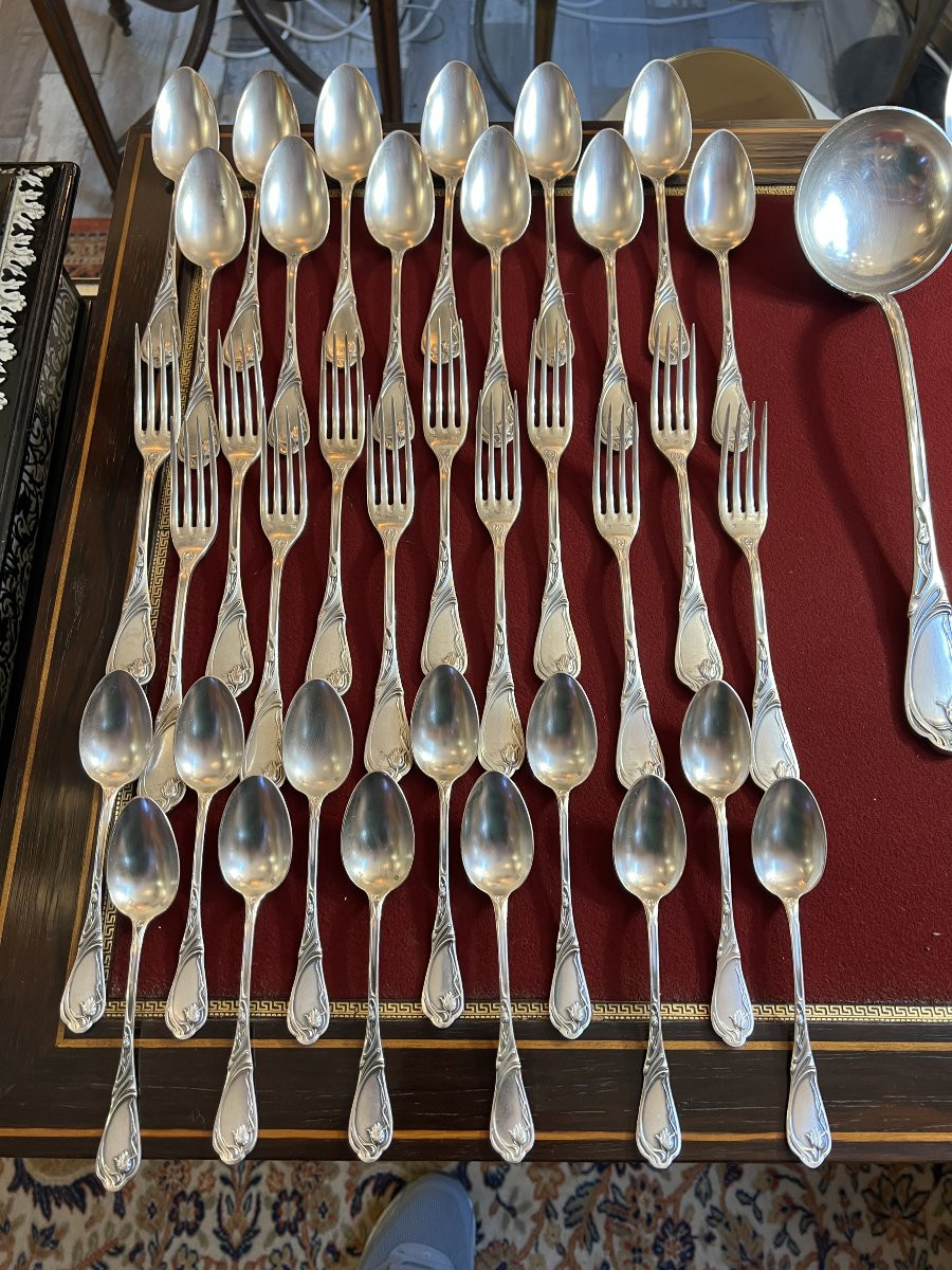 Ménagère de luxe  Art Nouveau en métal argenté, SAGLIER Frères, modèle Tulipe, 85 pièces-photo-3