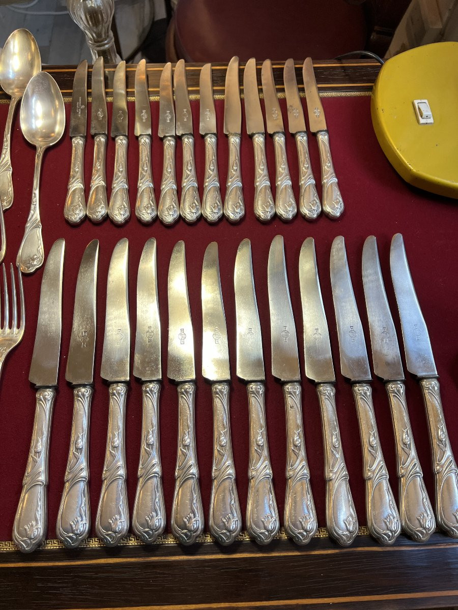 Ménagère de luxe  Art Nouveau en métal argenté, SAGLIER Frères, modèle Tulipe, 85 pièces-photo-1