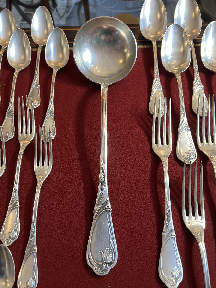 Ménagère de luxe  Art Nouveau en métal argenté, SAGLIER Frères, modèle Tulipe, 85 pièces-photo-2
